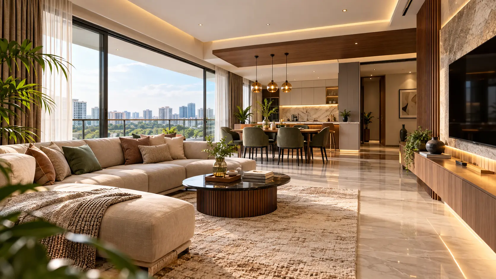 Luxury open-plan living space interior design by Bright Arena Interiors in Hyderabad